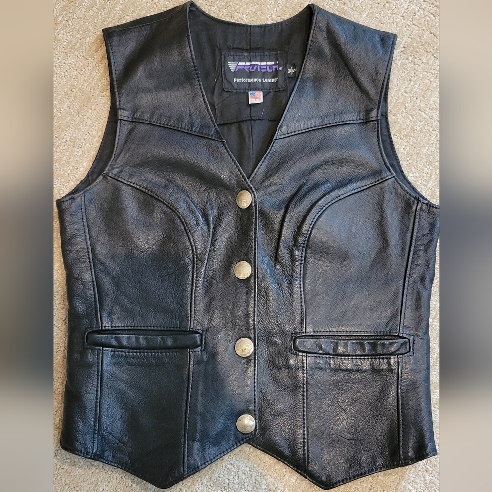 Women's Leather Vest Prutch Made In USA SZ M. With Silver 4 Buffalo Nickel Snaps